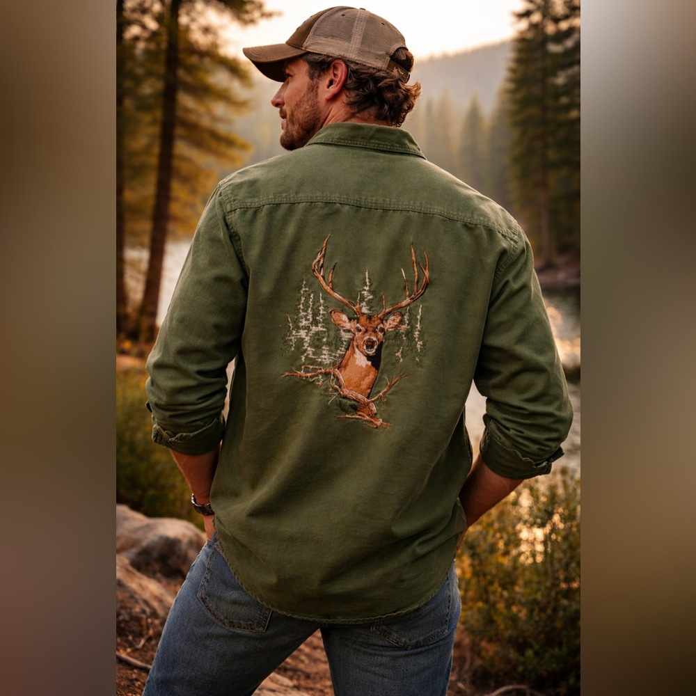 Cotton Work Shirt with Embroidered Deer Forest Scene, Size Large